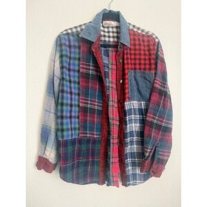 VTG Ashley Hill Patchwork Plaid Flannel Shirt Small Multi Color 100 Cotton Denim